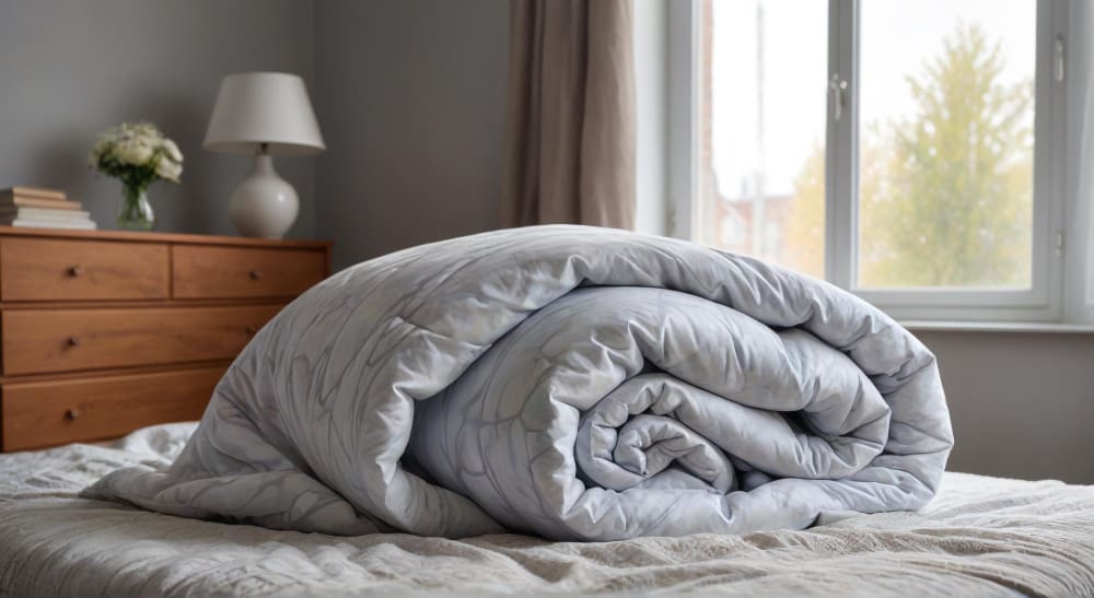 A rolled-up comforter sits on a neatly made bed in a bedroom with a dresser, a vase of flowers, and a window letting in natural light.