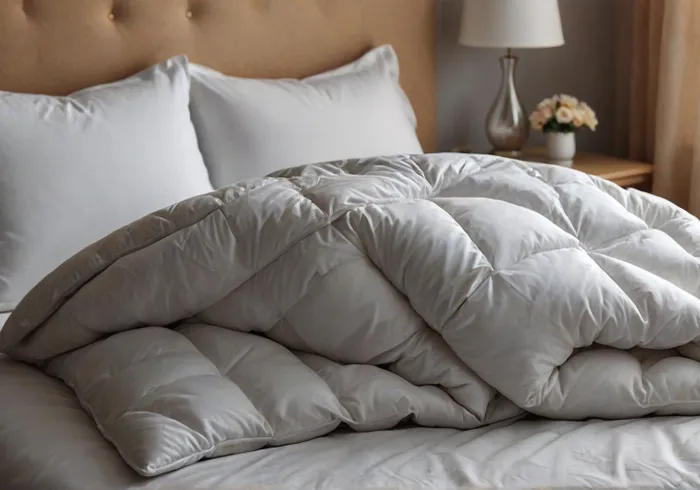 A white, fluffy comforter is draped messily across a neatly made bed with two pillows and a beige tufted headboard. A nightstand with a lamp and a small flower arrangement is beside the bed.