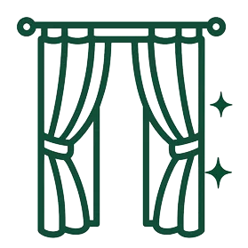 Simple icon of curtains drawn open with three sparkle symbols to the right, indicating cleanliness or freshness.