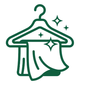 A dark green icon of a clothes hanger with a garment draped over it and two sparkle symbols, suggesting cleanliness or dry cleaning.