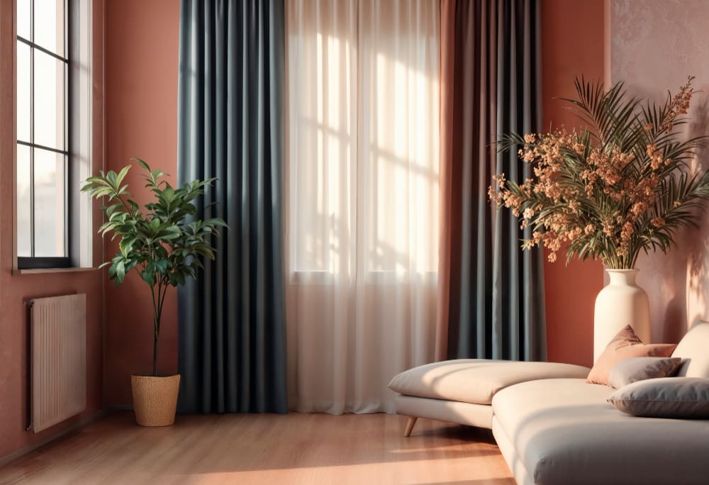 A sunlit living room with peach walls, large windows, sheer curtains, potted plants, and a beige sectional sofa with cushions.