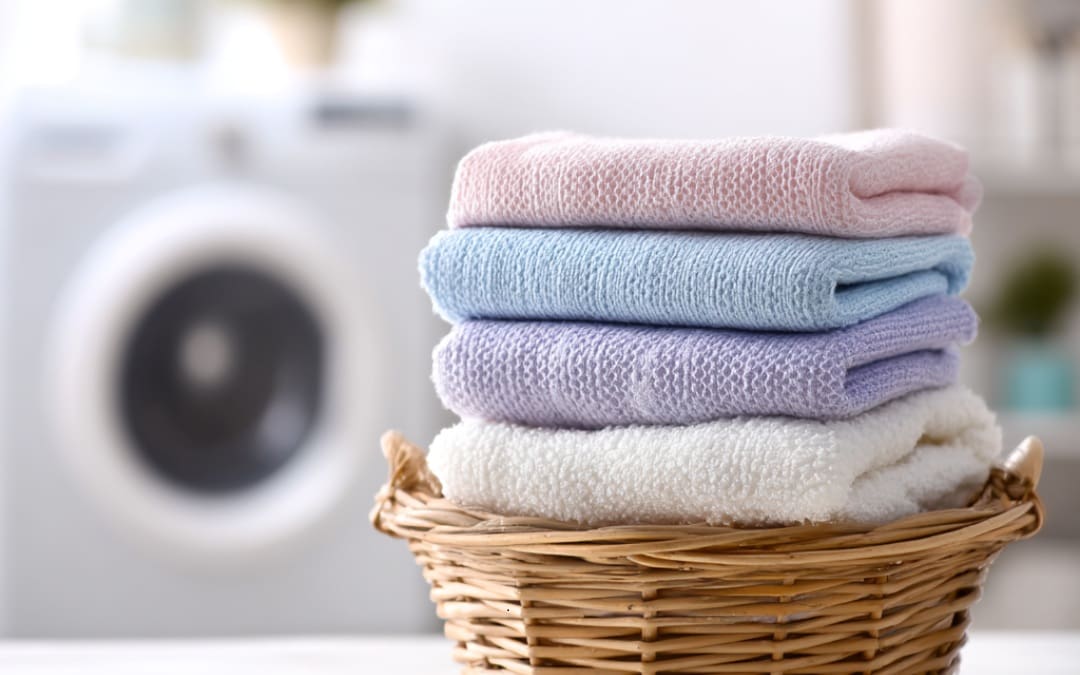 A wicker basket holds neatly folded pastel and white towels, with a washing machine blurred in the background.