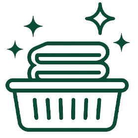 Icon of a laundry basket containing two folded towels with four sparkling stars around, suggesting cleanliness or freshness.