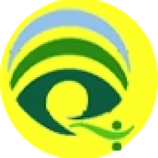 A circular logo with layered arcs in blue and green on a yellow background, forming an abstract eye shape with two small green dots at the lower right.