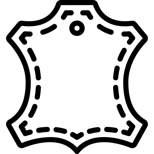 Black and white icon of an animal hide with dashed lines and a small circle near the top center, representing leather material.