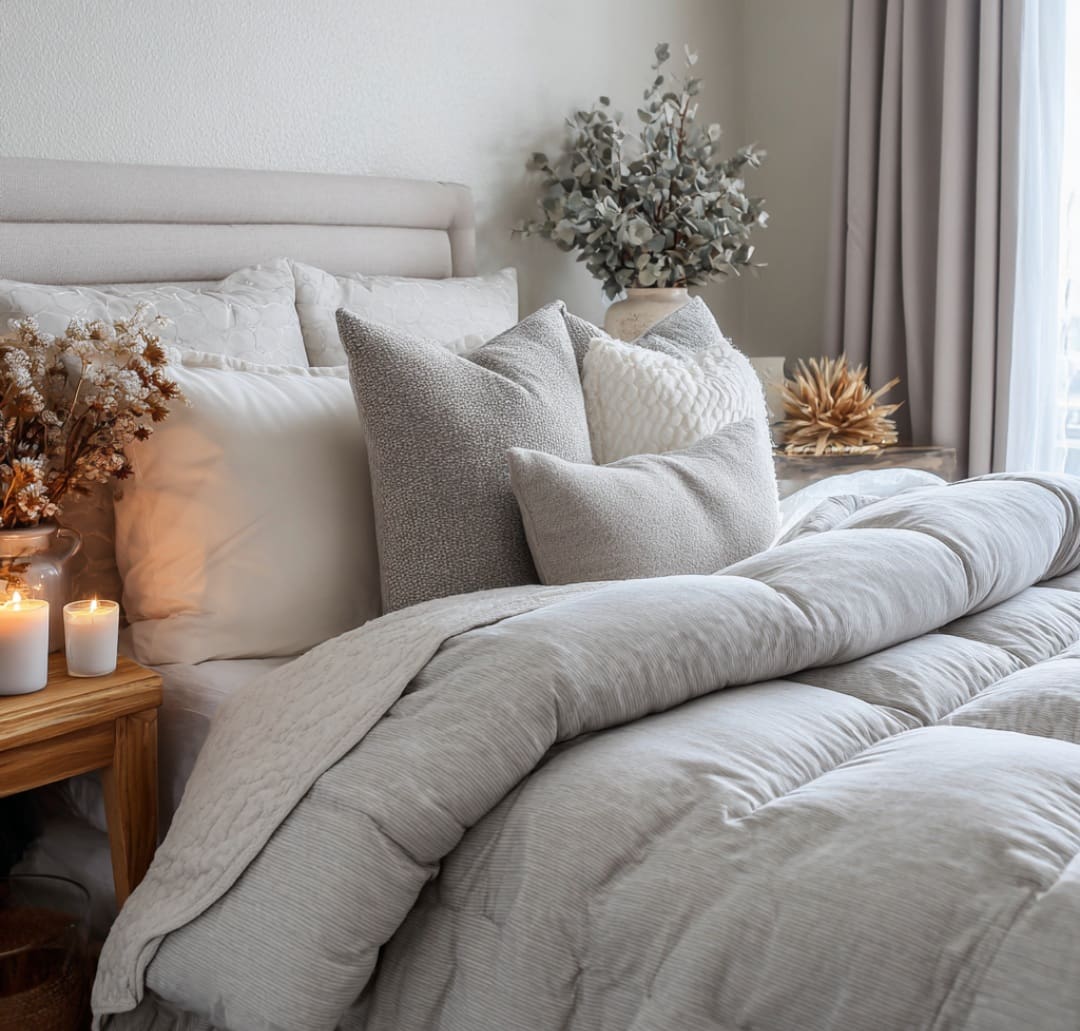 A neatly made bed with layered white and gray bedding, decorative pillows, lit candles on a wooden nightstand, and dried floral arrangements beside a window with curtains.