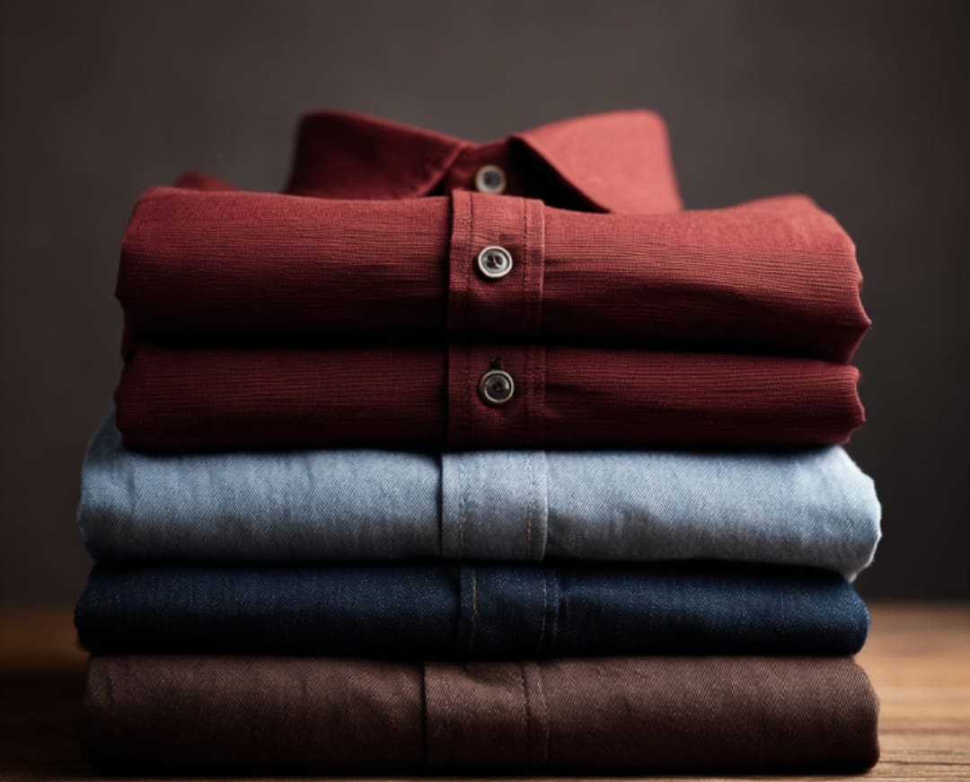 A neatly folded stack of shirts in red, light blue, dark blue, and brown colors is arranged on a wooden surface against a dark background.