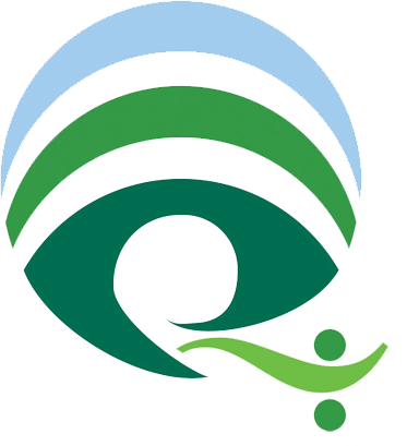 A stylized logo with three green and blue arcs above a circular shape and two green dots connected by a curved line at the bottom right.