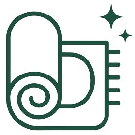 Simple line art icon of a rolled-up rug or mat with two stars above it, suggesting cleanliness or newness.