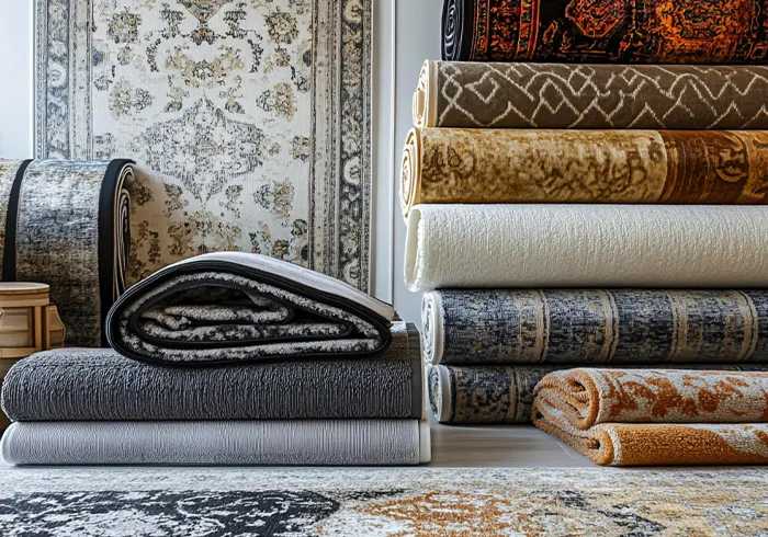 Several rolled and folded area rugs in various colors and patterns are displayed on a light floor, with more hanging rugs in the background.