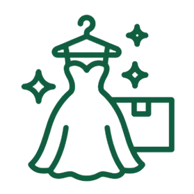 Outline icon of a dress on a hanger with sparkles and a tag, suggesting a newly cleaned or for-sale dress.